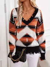 Geometric Frayed Hem V-Neck Long Sleeve Sweater Black OutfitFlow