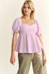 Davi & Dani Solid Elastic Peplum Puffed Sleeves Blouse BABY PINK OutfitFlow