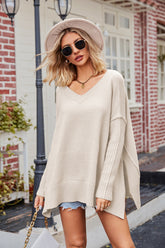Slit V-Neck Dropped Shoulder Sweater Beige OutfitFlow
