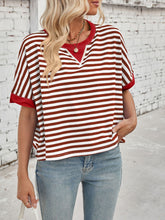 Lovelet Striped Round Neck Short Sleeve T-Shirt Burgundy OutfitFlow