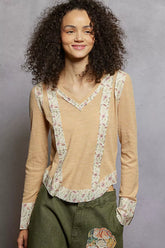 POL Floral Patch V-Neck Long Sleeve Ribbed Top NUDE BEIGE OutfitFlow