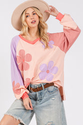 SAGE + FIG Full Size Daisy Applique Patch Color Block Long Sleeve Top Blush OutfitFlow