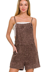 Zenana Washed Linen Knot Strap Rompers BROWN OutfitFlow