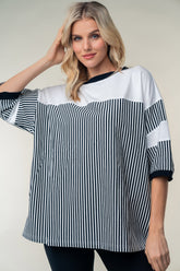 White Birch Full Size Striped Contrast Round Neck Top Black OutfitFlow
