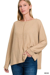 Zenana Ribbed Center Seam Dolman Sleeve Hi Low Sweater BEIGE OutfitFlow