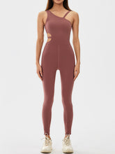Cutout Asymmetrical Neck Active Jumpsuit Brown OutfitFlow
