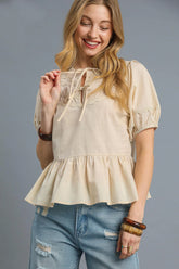 Umgee Tie Front Puff Sleeve Blouse Cream OutfitFlow
