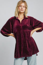 Umgee Full Size Polka Dot Button Up Half Sleeve Shirt Burgundy OutfitFlow