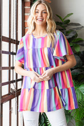 Heimish Full Size Short Sleeve Striped Tiered Top Multi OutfitFlow