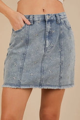 VERY J Bow Printed Casual Denim Mini Skirt Indigo OutfitFlow