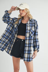 Aemi + Co Washed Plaid Button Up Raglan Sleeve Flannel Shirt Sky Blue OutfitFlow