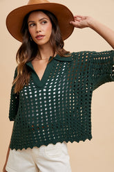 Annie Wear Openwork Johnny Collar Knit Cover Up Dark Green OutfitFlow