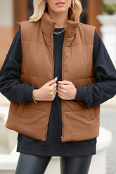 Pocketed Zip Up Turtleneck Vest Coat Brown OutfitFlow