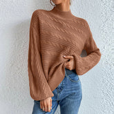Cable-Knit Mock Neck Long Sleeve Sweater Caramel OutfitFlow