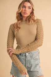 Mock Neck Ribbed Knit Top with Crochet Sleeve Tan OutfitFlow