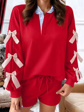 Striped Collar Patchwork Satin Bow Sweatshirt and Shorts Set Deep Red OutfitFlow