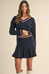 MABLE Cable-Knit Top and Pleated Skirt Sweater Set Dark Navy OutfitFlow