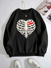 Skeleton Heart Round Neck Sweatshirt Black OutfitFlow
