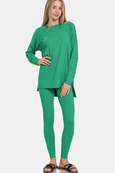 Zenana Full Size Brushed Microfiber Top and Leggings Lounge Set K Green OutfitFlow