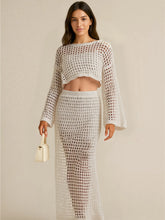 Hollow Out Long Sleeve Top and Skirt Knit Set Apricot OutfitFlow