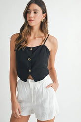 MABLE Linen Mix Button Down Tank Top Black OutfitFlow