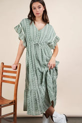 VERY J Embroidered Boho Ruffled Midi Dress Sage OutfitFlow