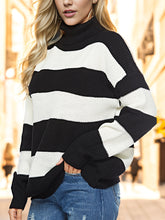 Striped Turtleneck Long Sleeve Sweater Black OutfitFlow