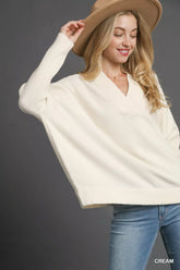 Umgee V-Neck Sweater with Wide Trim Detail Cream OutfitFlow