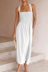 Crisscross Smocked Wide Strap Dress White OutfitFlow