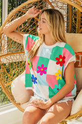 BiBi Flower Patch Checkered Sweater Vest Jade Lt Blue Pink OutfitFlow