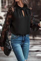 Cutout Lace Detail Long Sleeve Blouse Black OutfitFlow