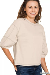 Zenana Balloon Sleeve Top with Contrast Stitching SAND BEIGE OutfitFlow