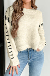 Contrast Stitch Detail Ribbed Trim Sweater Ivory OutfitFlow