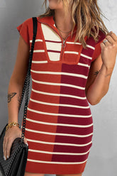 Striped Quarter Zip Cap Sleeve Sweater Dress Terracotta OutfitFlow