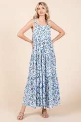 Mittoshop Flower Print Tiered Sleeveless Empire Maxi Dress Sky Blue OutfitFlow