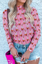 Cowgirl Boots Printed Mock Neck Long Sleeve Mesh Top Dusty Pink OutfitFlow