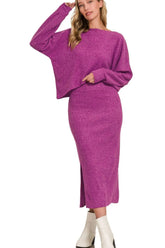 Zenana Ribbed Asymmetric Hem and Sleeve Top & Skirt Set LT PLUM OutfitFlow