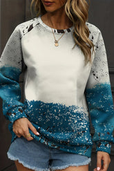 Printed Round Neck Long Sleeve Sweatshirt Peacock Blue OutfitFlow