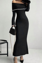 Contrast Trim Off-Shoulder Long Sleeve Maxi Sweater Dress Black OutfitFlow