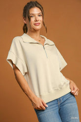 Umgee Full Size Half-Zip Short Sleeve Top Plus Size ECRU OutfitFlow