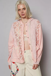 POL Exposed Seam Button Down Hooded Jacket with Lace Detail POWDER PINK OutfitFlow