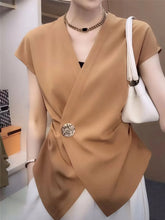 Plus Size Wrap Front Blouse with Decorative Button Detail Camel OutfitFlow