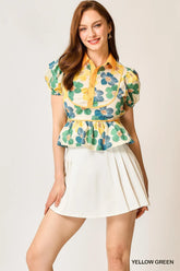 Umgee Floral Print Puff Sleeve Cropped Blouse YELLOW GREEN OutfitFlow