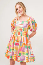 And The Why Square Neck Puff Sleeve Geo Printed Mini Dress Yellow Multi OutfitFlow