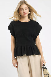 Umgee Linen Blend Smocked Peplum Blouse Black OutfitFlow