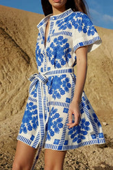 Printed Tie Waist Short Sleeve Dress Blue OutfitFlow