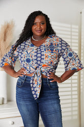 Tie Hem V-Neck Three-Quarter Sleeve Blouse Dark Blue OutfitFlow