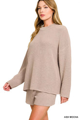 Zenana Round Neck Knit Top and Shorts Sweater Set ASH MOCHA OutfitFlow