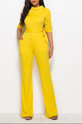 Mock Neck Tie-Waist Half Sleeve Jumpsuit Yellow OutfitFlow