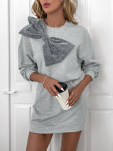 Perfee Bow Dropped Shoulder Long Sleeve Mini Dress Light Gray OutfitFlow
